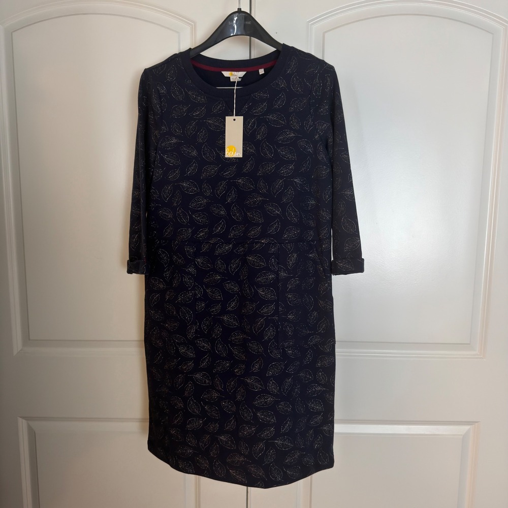 Boden Navy Blue Metallic Leaf Print Sweatshirt Dress J0726 NVY US 10R NEW